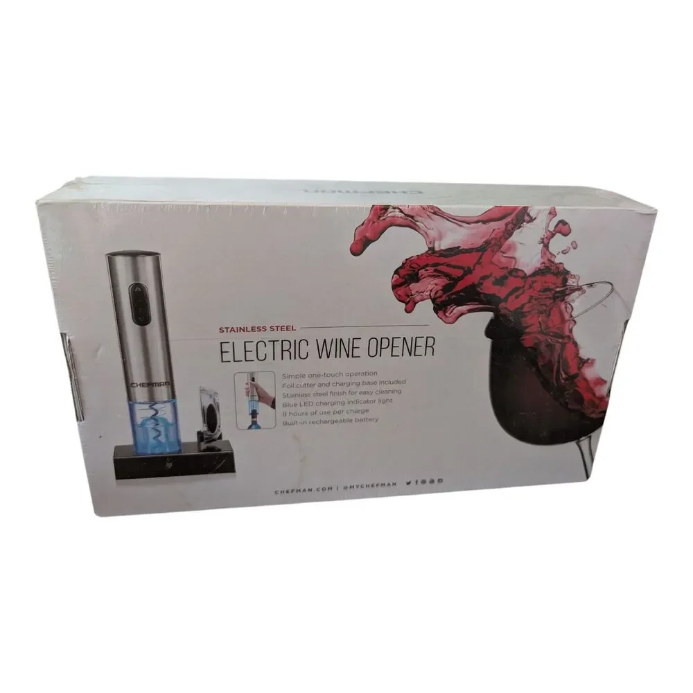 Chefman Stainless Steel Rechargeable Electric Wine Opener w/ Foil Cutter RJ42-SS